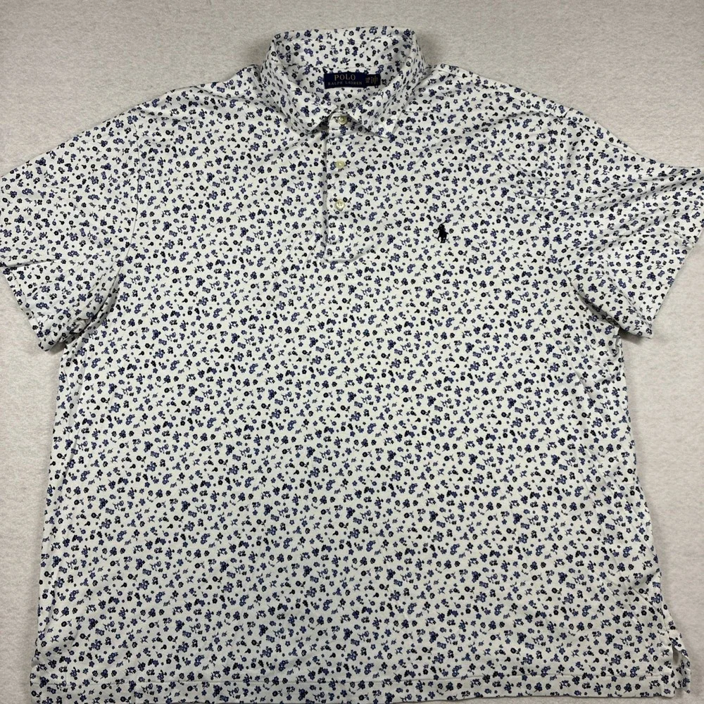 Polo Ralph Lauren Polo Shirt White Blue Floral Print Preppy Men 2XB Big Cotton
